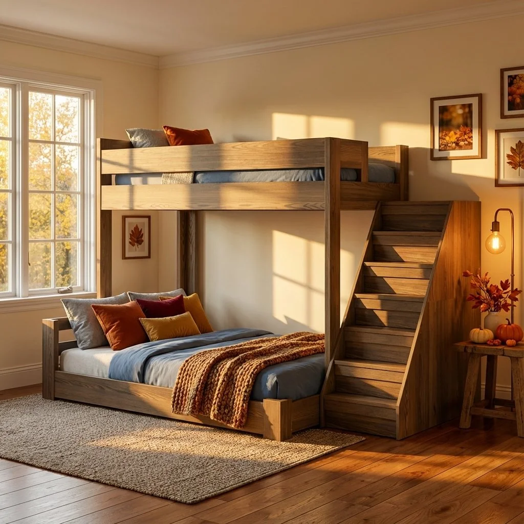 A bedroom with a loft bed, consisting of a lower bed and an upper bed accessible by a wooden staircase, decorated with fall-themed pillows and artwork, illuminated by warm sunlight through a large window.