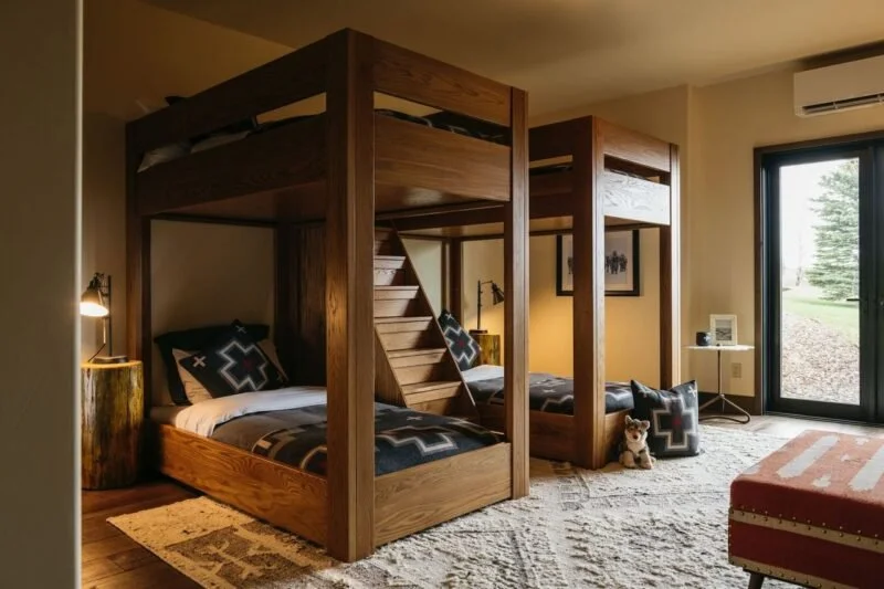 Bedroom with two wooden bunk beds, each fitted with black and gray geometric-patterned bedding and pillows. A lamp on a tree stump bedside table is on each side. There's a plush dog toy on a cushion near the window. The room has a large window/door with outdoor views, a white rug, and a red seat with striped upholstery.