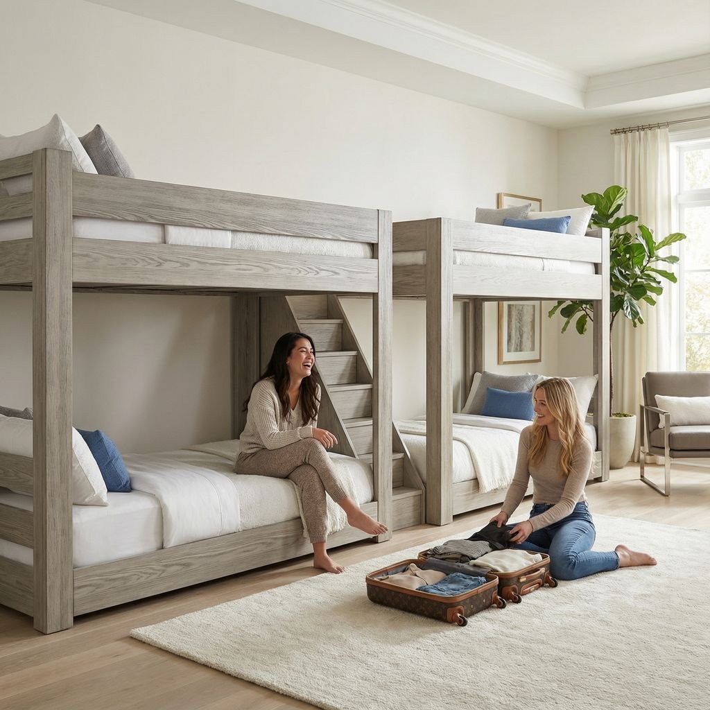 Two women packing for a trip in a bright bedroom with bunk beds, a large plant, and a window with curtains.
