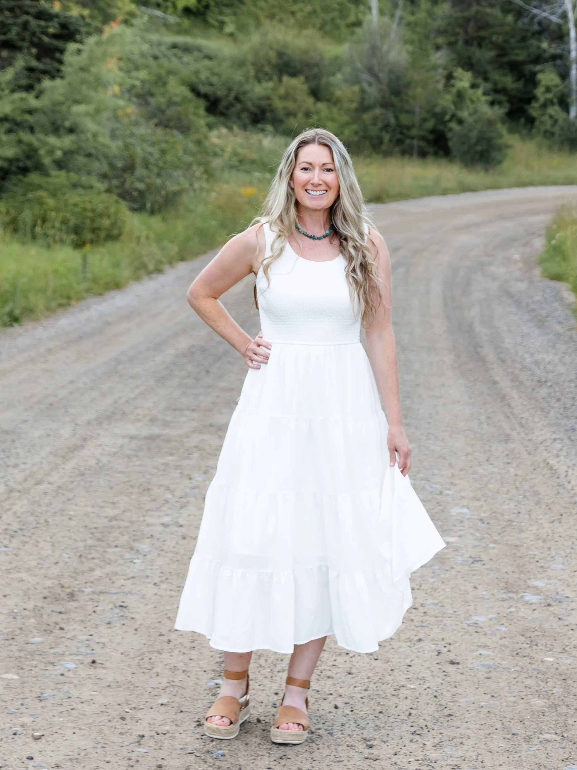 Abby out hiking in the woods.