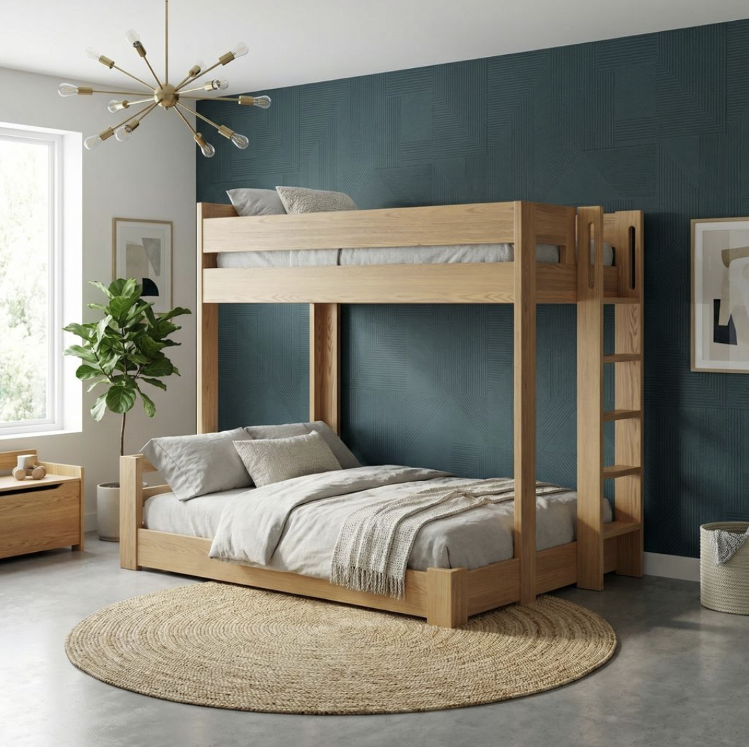 Wooden bunk bed with ladder and mattress, pillows, and bedding.