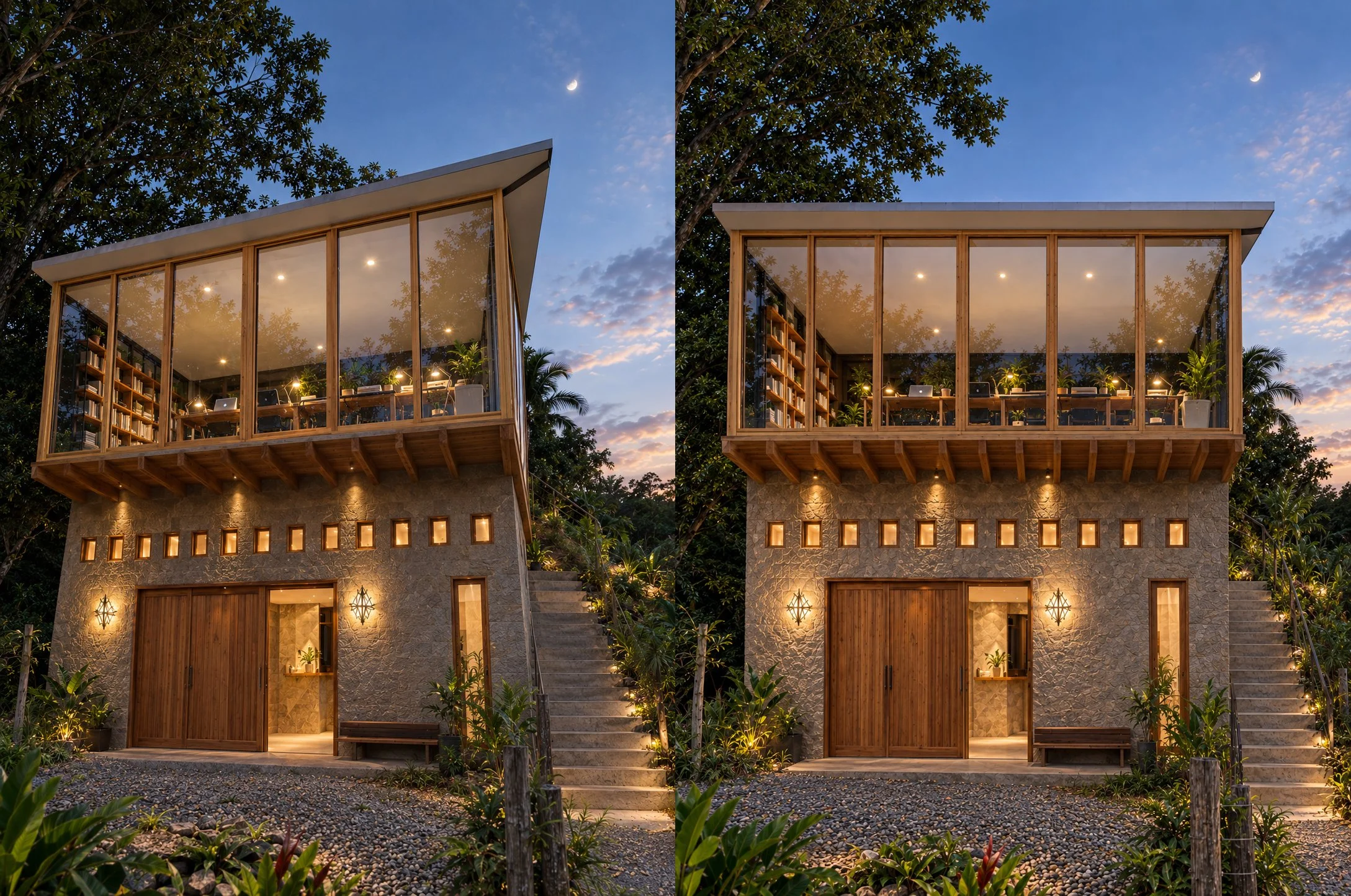 Casa tropical de vidrio al anochecer.jpg