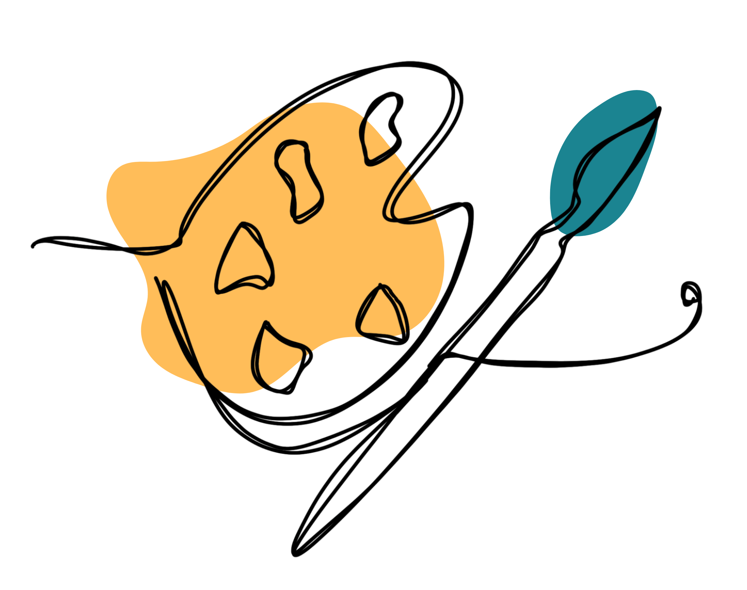 A line drawing of a cat's face with a coffee cup and a spoon in front of it.