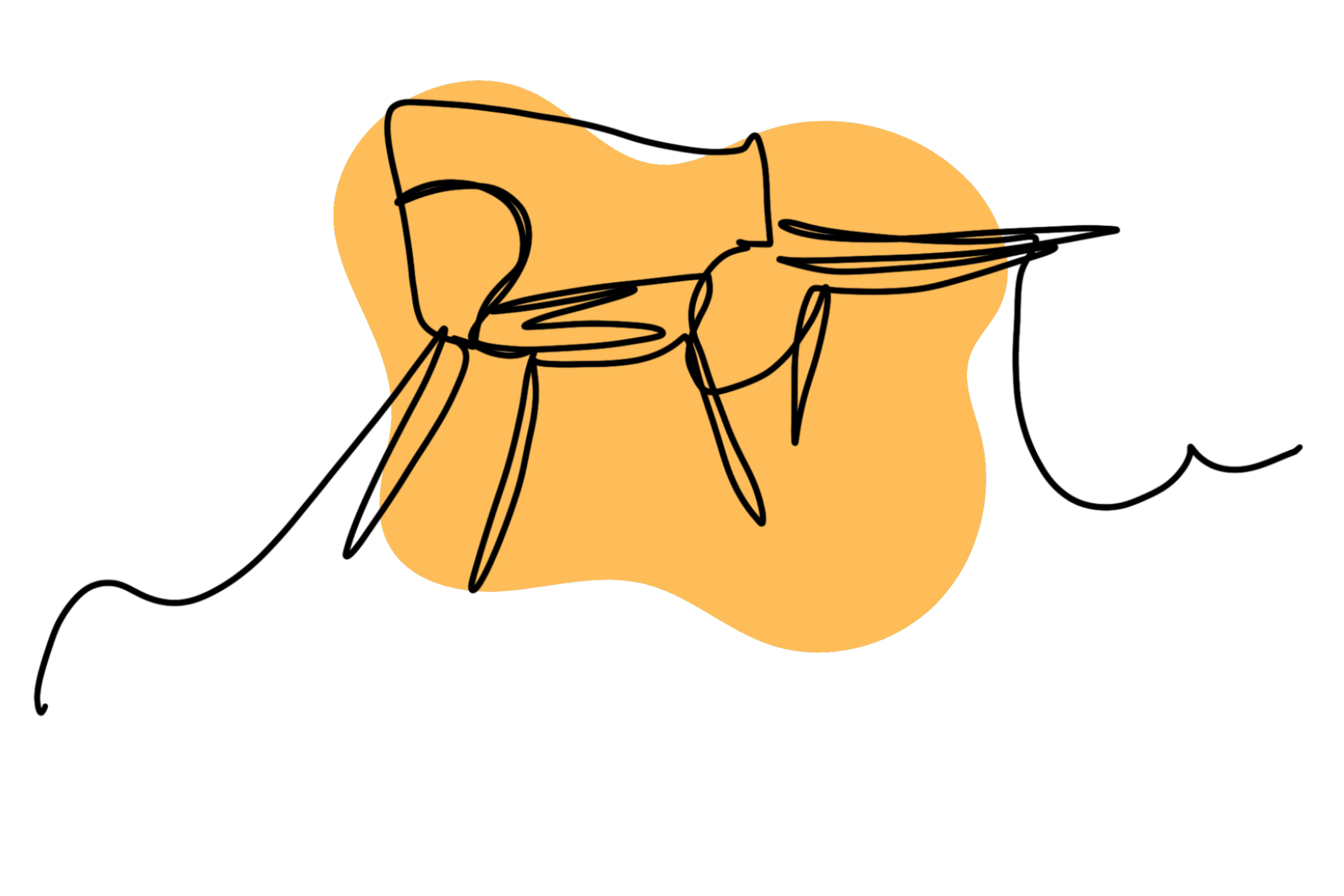 A black line drawing of a yellow-colored chair and table.