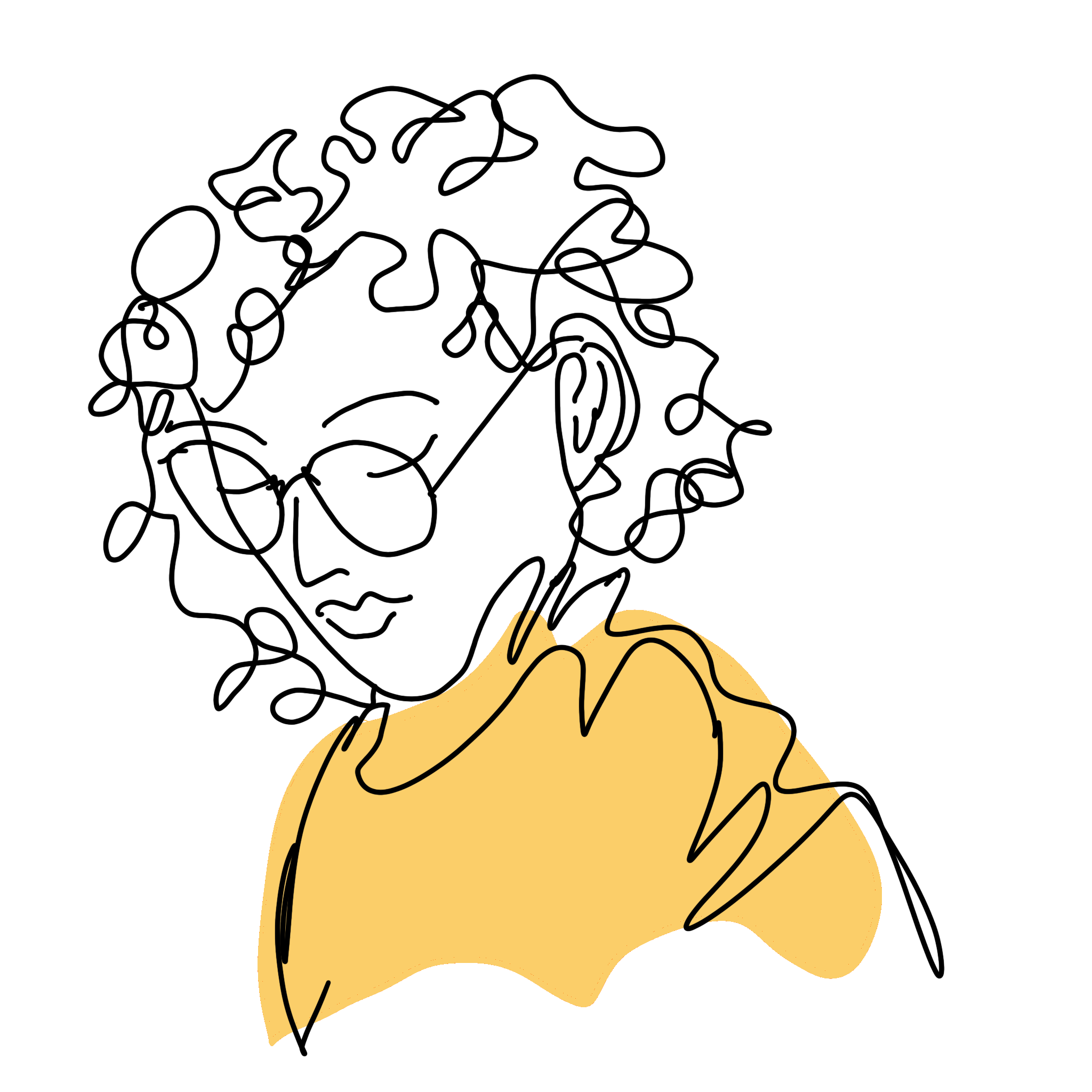 A line drawing of a woman with curly hair, sunglasses, and a yellow top.