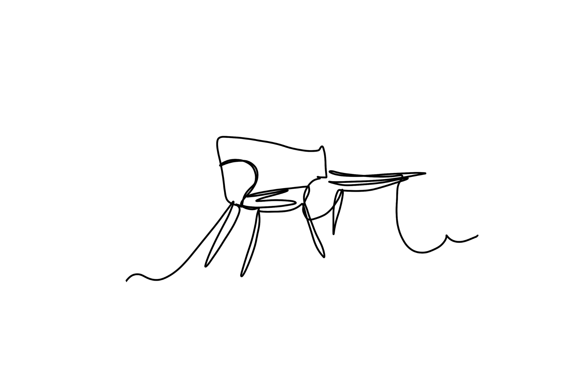Line drawing of a chair with a cushion and a small side table, depicted within a black and white circular background.