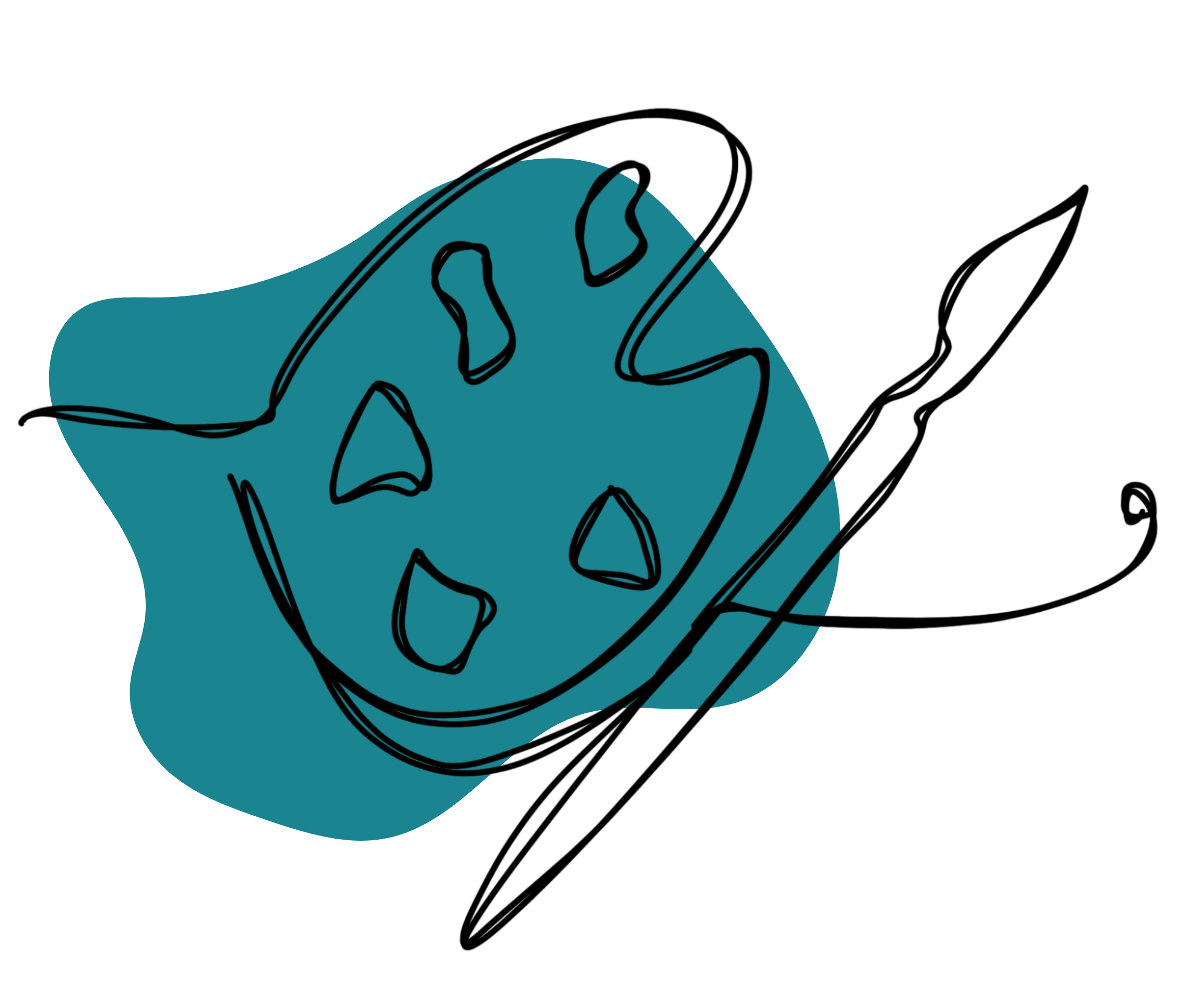 Line drawing of a paint palette and paint brush overlaid on a teal shape.