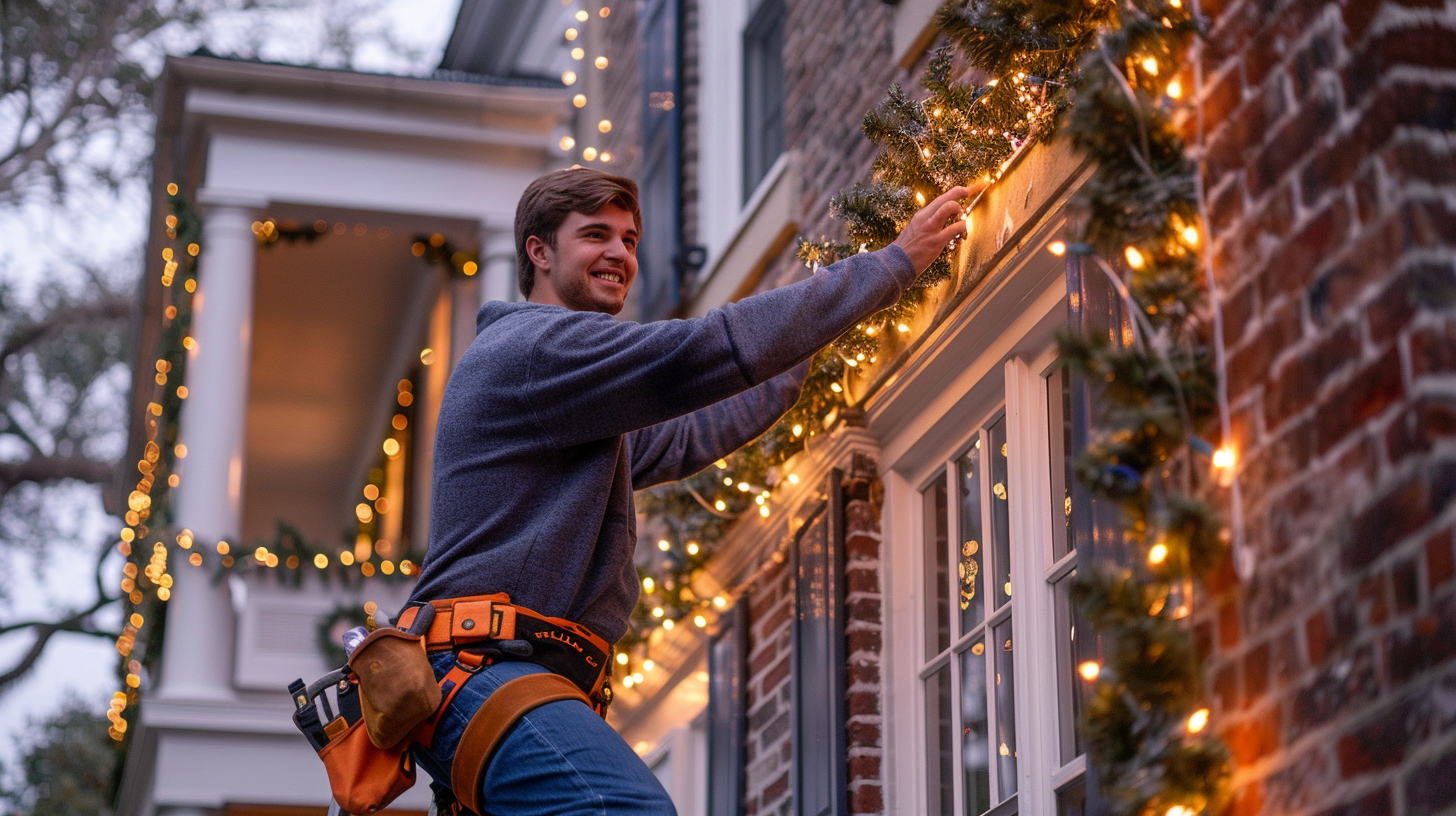 A smiling man hanging holiday lights on a brick house decorated with Christmas garland and lights.