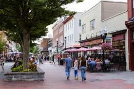 People walking on a busy downtown street with shops, outdoor seating, and a large tree.