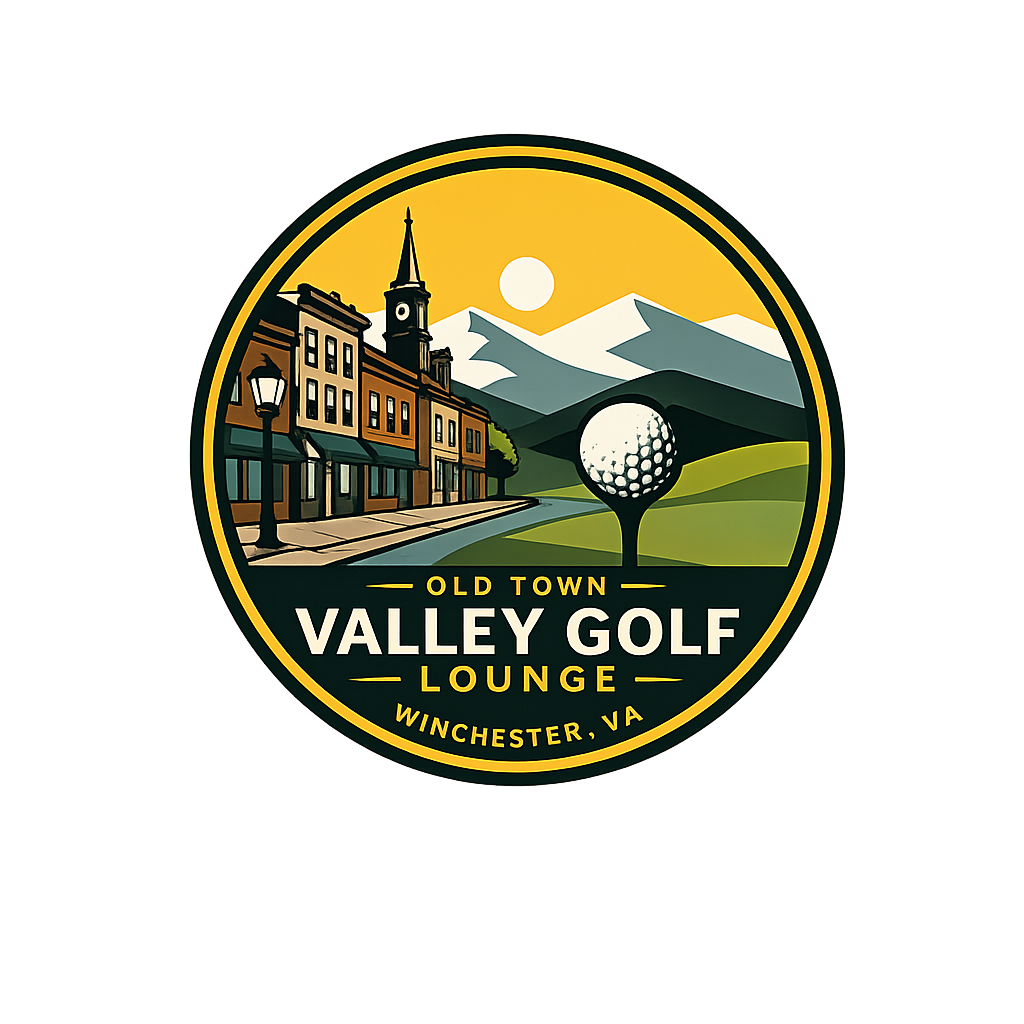 Logo for Old Town Valley Golf Lounge in Winchester, VA, featuring a mountain landscape, a golf ball on a tee, and a town with buildings and a clock tower.