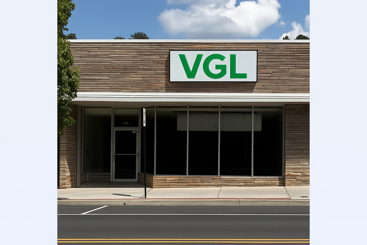 A storefront with a sign that reads 'VGL' in large green letters. The building has a brick exterior with a glass entrance door and large glass windows facing the sidewalk. A street and sidewalk are in front of the store, with a tree partially visible on the left side. The sky is partly cloudy.