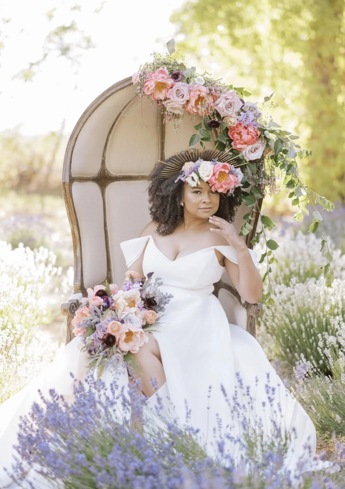 The Blonde Bouquet Floral Design - Northern California. Florist for Napa, Lake Tahoe, San Francisco, Sonoma weddings. Bright, elegant flower arch & bouquet. Garden roses, anemones, peonies, lavender.