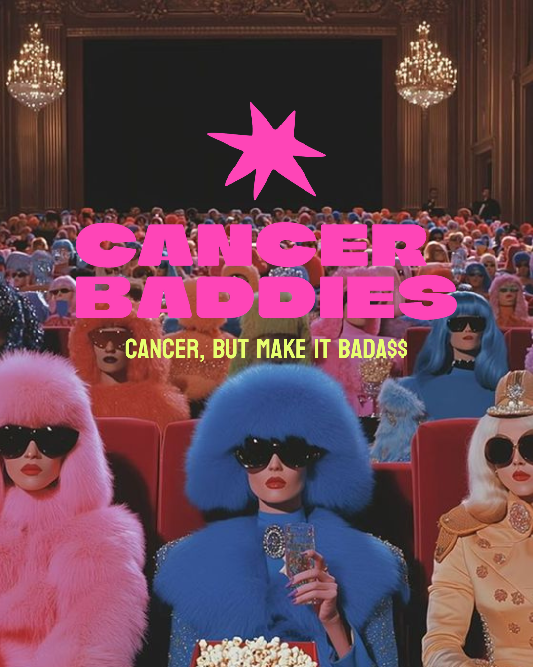 Colorful group of women with big hair, dressed in vibrant outfits, sitting in an elegant theater with chandeliers, watching a show, styled in a bold, fashionable, and retro manner.