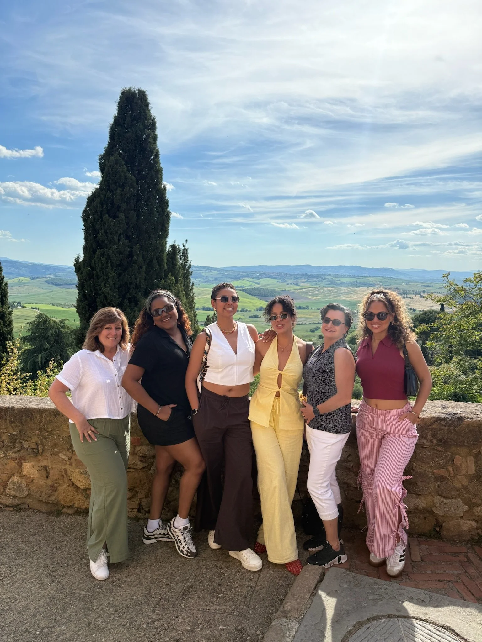 Group of six women standing outdoors on a stone wall with scenic countryside in the background, smiling at the camera on a sunny day.