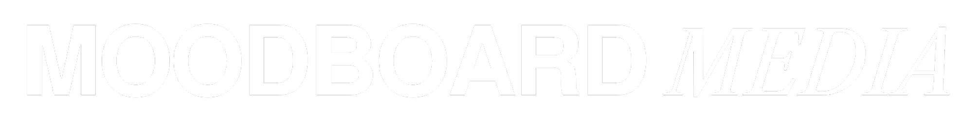Black background with the words 'MOODBOARD MEDIA' in white, bold font, with a italicized font style for the word 'MEDIA'.