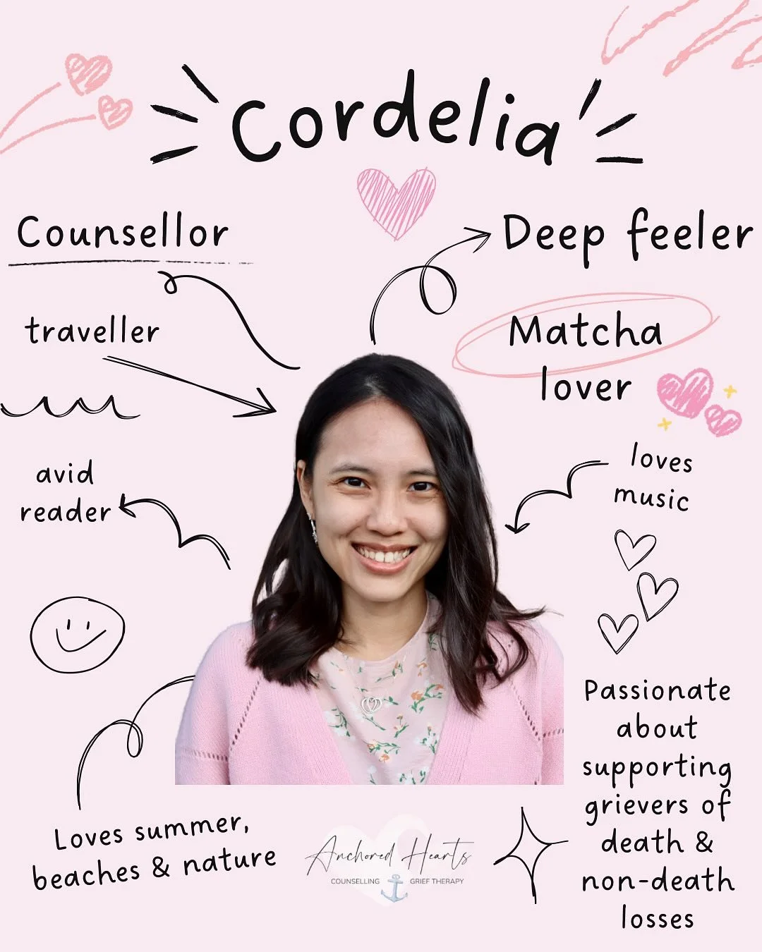 Hi everyone, my name is Cordelia and I am a grief therapist in BC, Canada. Hopping on this recent trend and sharing a bit about myself. What is important for you to know is that I put my heart into each encounter I have with each individual I support
