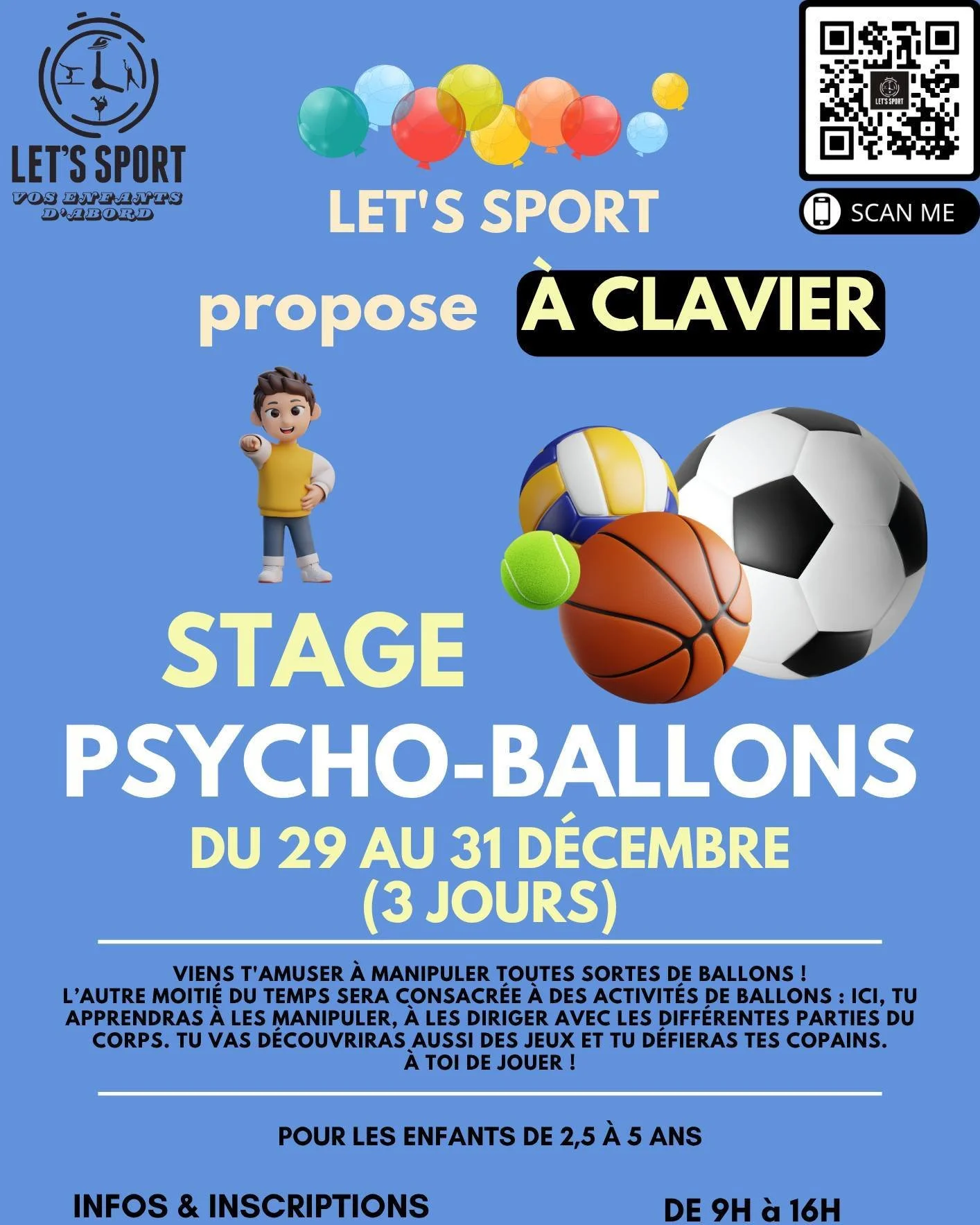 🎉 Stages de fin d&rsquo;ann&eacute;e au Hall de Clavier !
Du 29 au 31 d&eacute;cembre, l&rsquo;&eacute;quipe de @lets.sport2020  revient avec trois stages pour bien terminer l&rsquo;ann&eacute;e 🤩

🎈 Psycho-ballons (2,5 &agrave; 5 ans)
🧱 Nerf-Leg