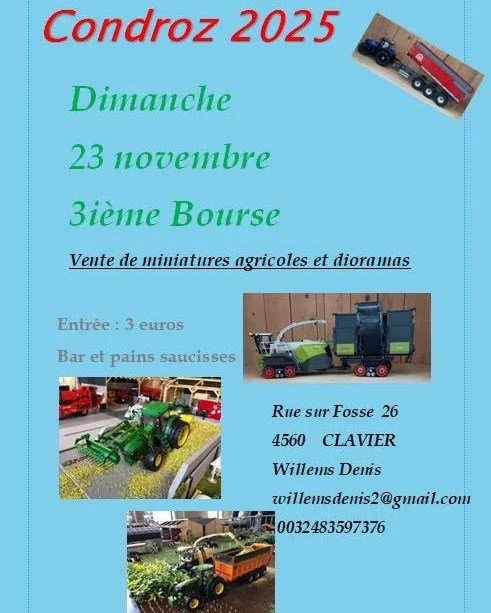 🚜 Ce dimanche, la passion agricole s&rsquo;expose &agrave; Clavier 🌾
➡️ Bourse &amp; expo de miniatures agricoles
🗓️ 23 novembre &ndash; Hall sportif de Clavier
🍔 Bar &amp; pains saucisses
💶 Entr&eacute;e : 3&euro;

📸 Viens d&eacute;couvrir ces