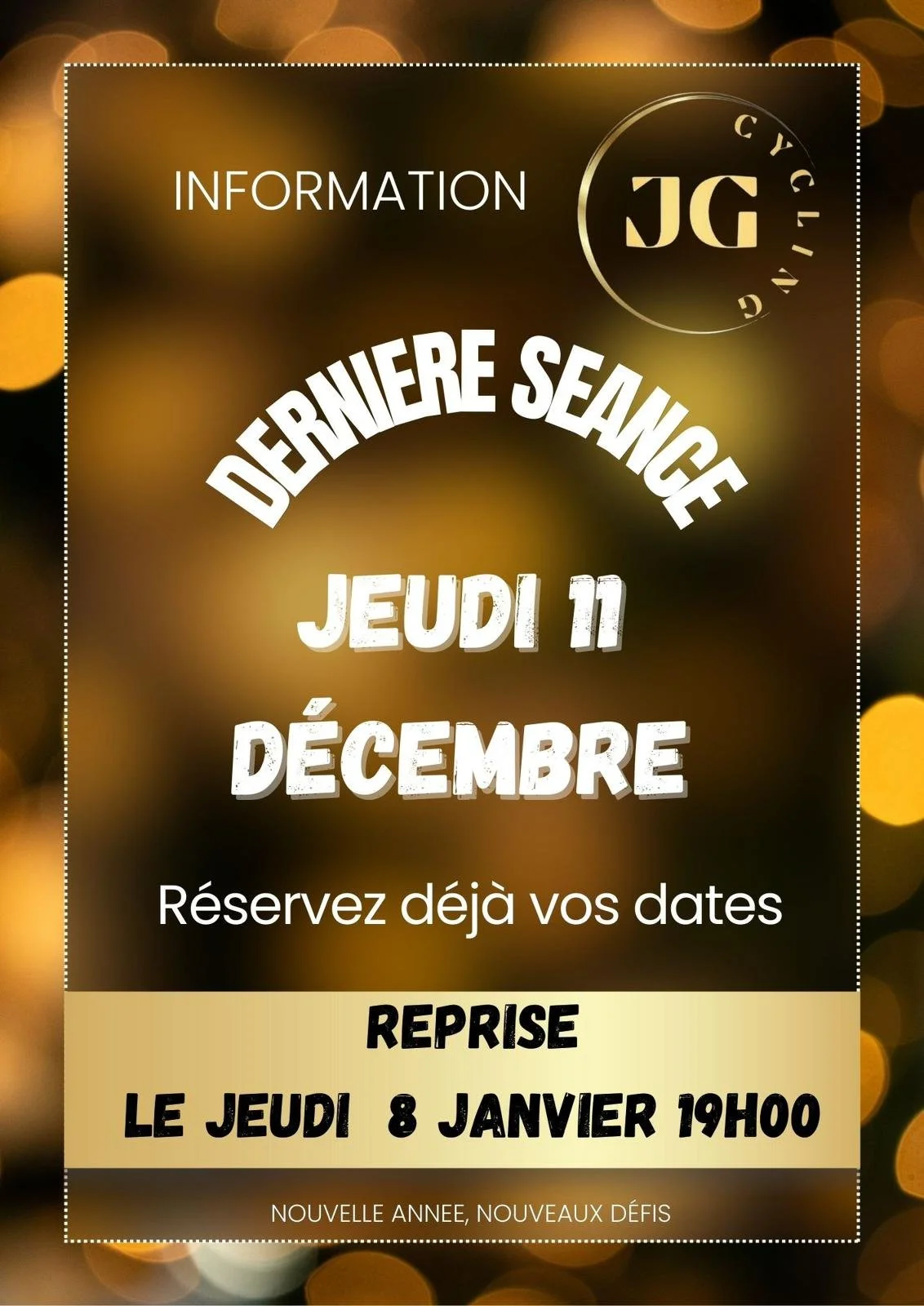🚴&zwj;♂️ Derni&egrave;re s&eacute;ance de spinning 2025 !
📅 Jeudi 11 d&eacute;cembre
On finit l&rsquo;ann&eacute;e en sueur et en motivation 💪🔥

✨ Reprise le 8 janvier &ndash; 19h
Nouveaux d&eacute;fis, m&ecirc;me &eacute;nergie !

#spinning  #jg
