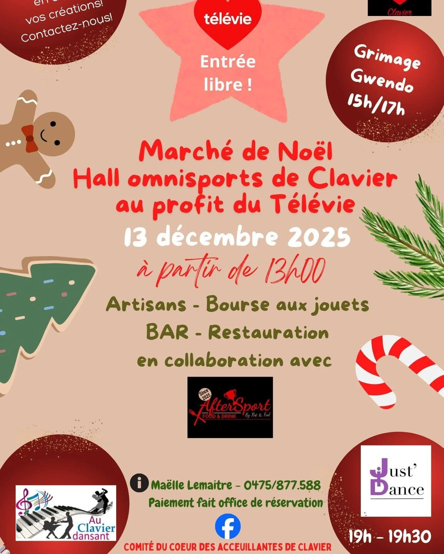 Ce week-end, on se retrouve au premier March&eacute; de No&euml;l du Hall de Clavier ✨
🎅 Au profit du T&eacute;l&eacute;vie !

📅 Samedi 13/12 d&egrave;s 13h
🛍️ Artisans
🎁 Bourse aux jouets
🍽️ Bar &amp; restauration
🎨 Grimage 15h&ndash;17h

🎄 A