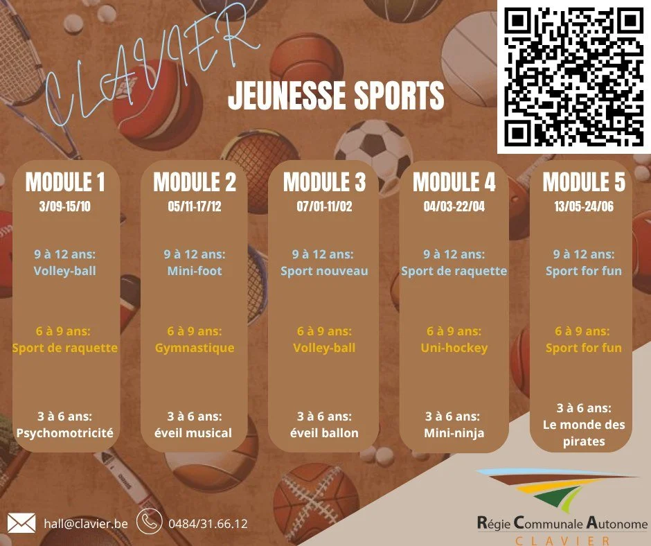 Les inscriptions pour le 3&egrave;me  module de Clavier Jeunesse Sports sont ouvertes ! 🏀🤸&zwj;♀️
Le prochain module d&eacute;marre le mardi 5 novembre avec un tout nouveau programme dynamique 🤩
🥏9 &agrave; 12 ans : Sport nouveau de 13h15 &agrave