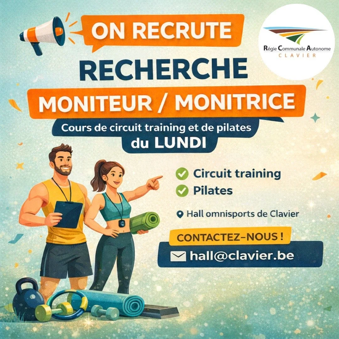 📣 Recherche moniteur / monitrice &ndash; cours collectifs

Le moniteur qui assurait les cours de circuit training et de pilates le lundi au Hall de Clavier doit faire un pas de c&ocirc;t&eacute;.
👉 Nous sommes donc &agrave; la recherche d&rsquo;un(