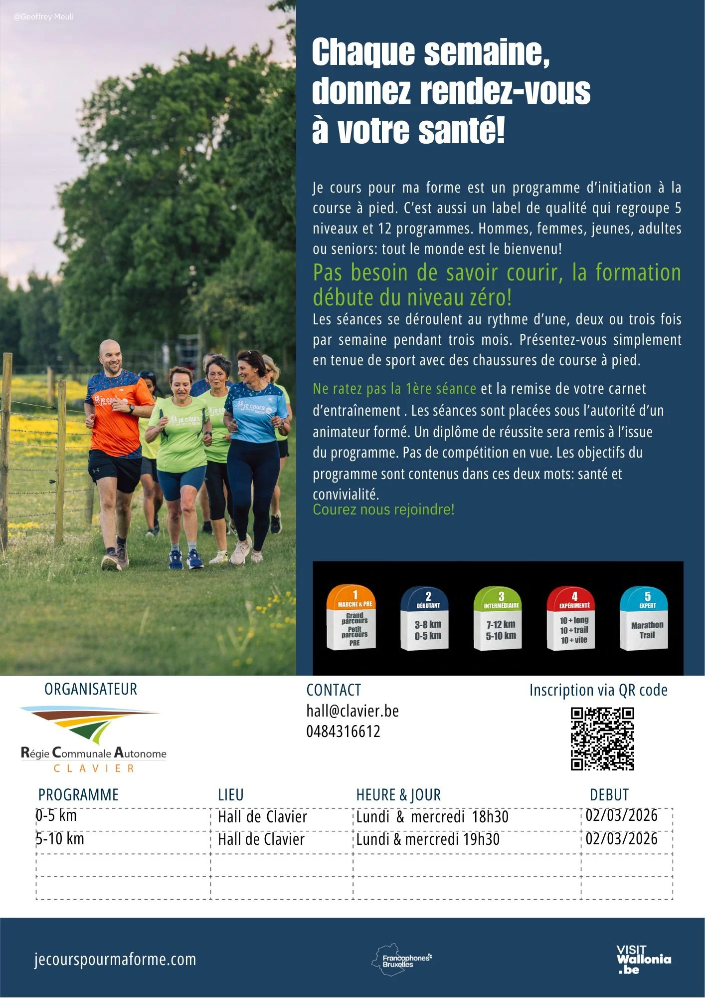 🏃&zwj;♀️🏃&zwj;♂️ JCPMF, c&rsquo;est reparti ! 🌱
Apr&egrave;s la pause hivernale, Je cours pour ma forme revient &agrave; Clavier 💪

📅 D&egrave;s le lundi 2 mars 2026
⏱ Cycle de 12 semaines
👟 2 niveaux :
&bull; 0&ndash;5 km (18h30)
&bull; 5&ndas