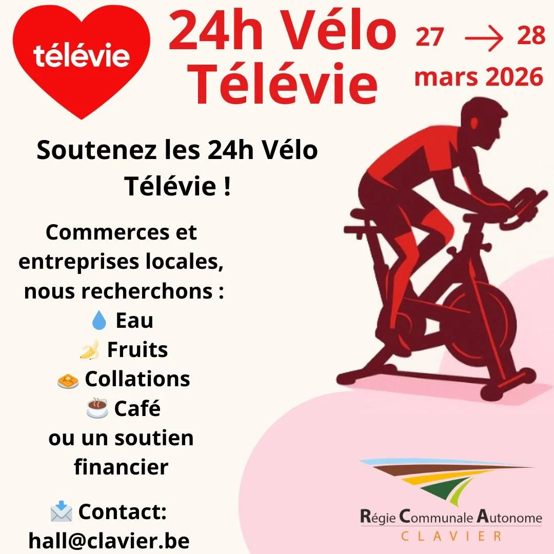 ❤️ Commerces et entreprises locales, nous avons besoin de vous !

Les 27 et 28 mars, le hall de Clavier accueillera les 24h V&eacute;lo T&eacute;l&eacute;vie : un d&eacute;fi solidaire o&ugrave; 8 &eacute;quipes se p&eacute;daleront pendant 24 heures