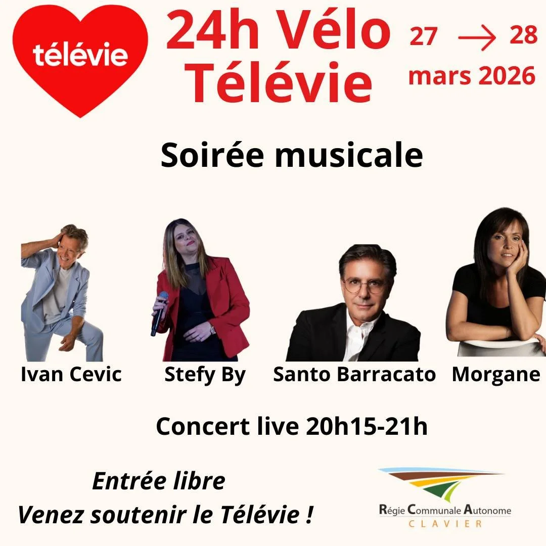 🎶 Soir&eacute;e musicale &ndash; 24h V&eacute;lo T&eacute;l&eacute;vie

🔥 Concert live avec :
Ivan Sevic &ndash; Stefy By &ndash; Santo Barracato &ndash; Morgane

🕒 20h15 &ndash; 21h
⚠️ Uniquement sur ce cr&eacute;neau

🎟 Entr&eacute;e libre
❤️ V