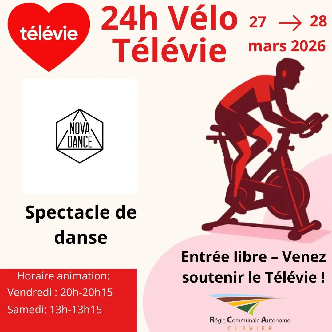 💃 Place &agrave; la jeunesse et &agrave; l&rsquo;&eacute;nergie !

L&rsquo;&eacute;cole @nova_dance_  viendra pr&eacute;senter une d&eacute;monstration de danse pendant les 24h V&eacute;lo T&eacute;l&eacute;vie.

📅 Vendredi 20h &rarr; 20h15
📅 Same