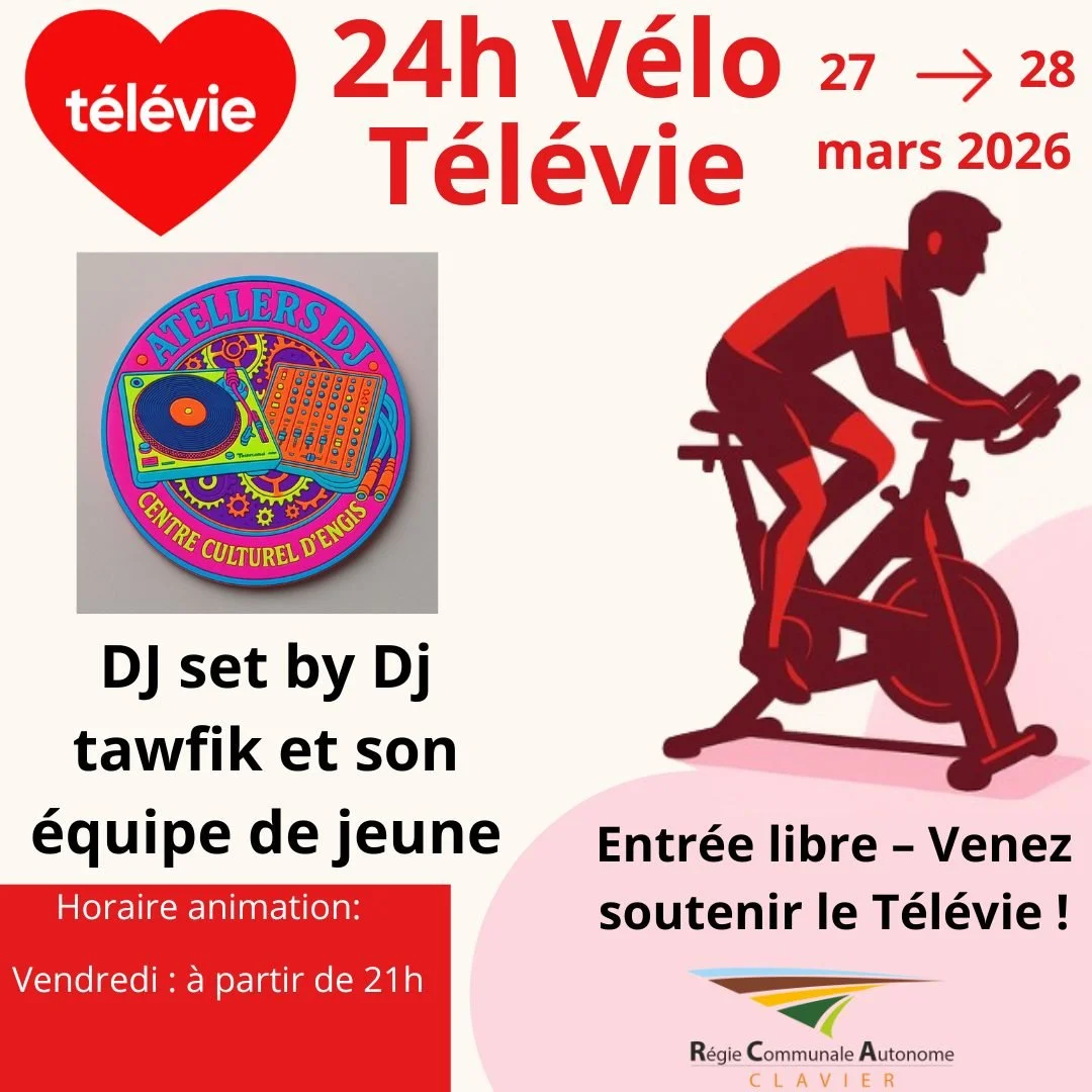 🎧 Ambiance garantie le vendredi soir !

&Agrave; partir de 20h, DJ Tawfik et son &eacute;quipe de jeunes seront pr&eacute;sents pour faire monter l&rsquo;ambiance pendant les 24h V&eacute;lo T&eacute;l&eacute;vie.

Musique, &eacute;nergie et bonne h