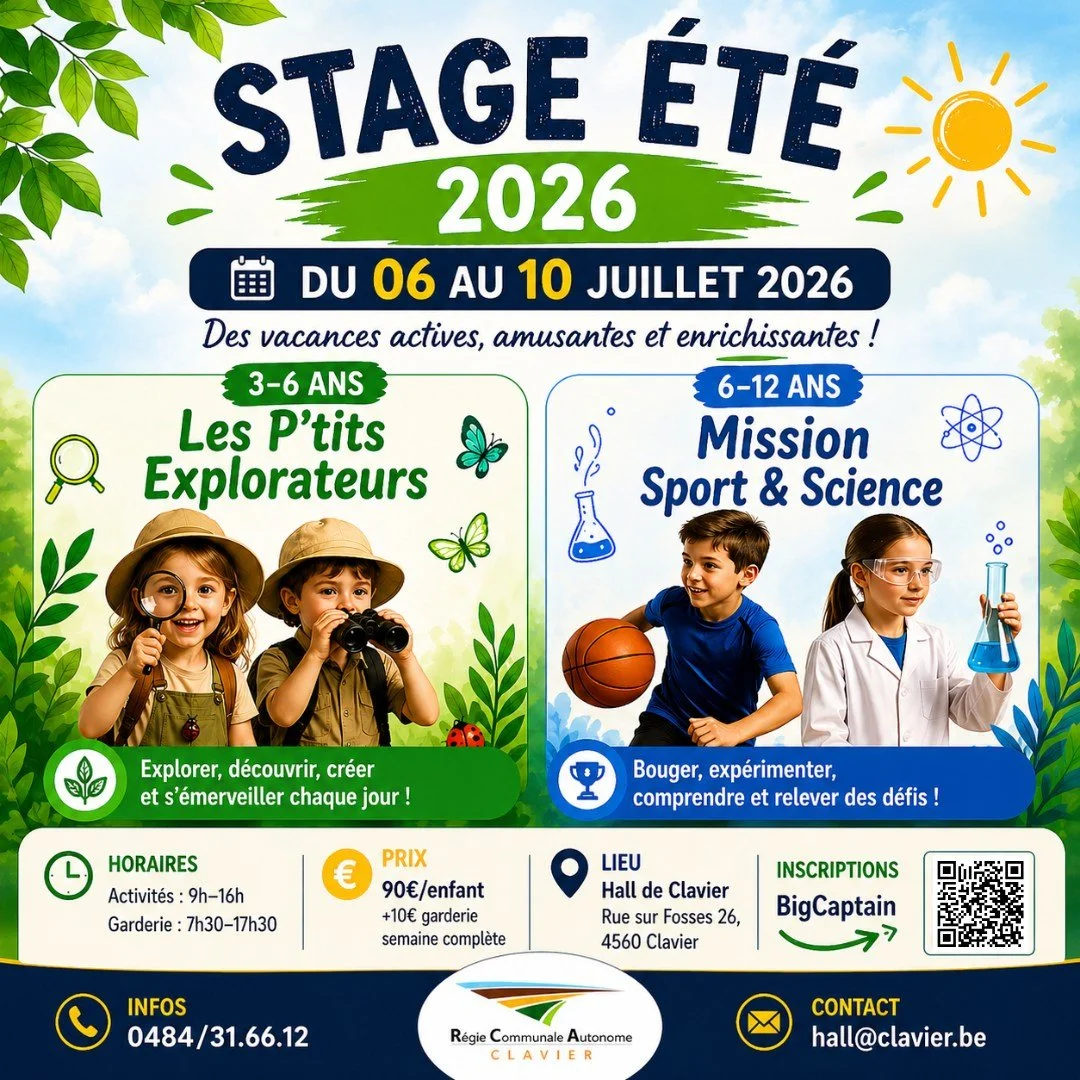 ☀️ Les inscriptions aux stages d&rsquo;&eacute;t&eacute; 2026 sont ouvertes !

Cet &eacute;t&eacute;, la RCA de Clavier propose deux semaines de stages pour les enfants de 3 &agrave; 12 ans :

📅 Du 06 au 10 juillet
👶 3-6 ans : Les P&rsquo;tits Expl