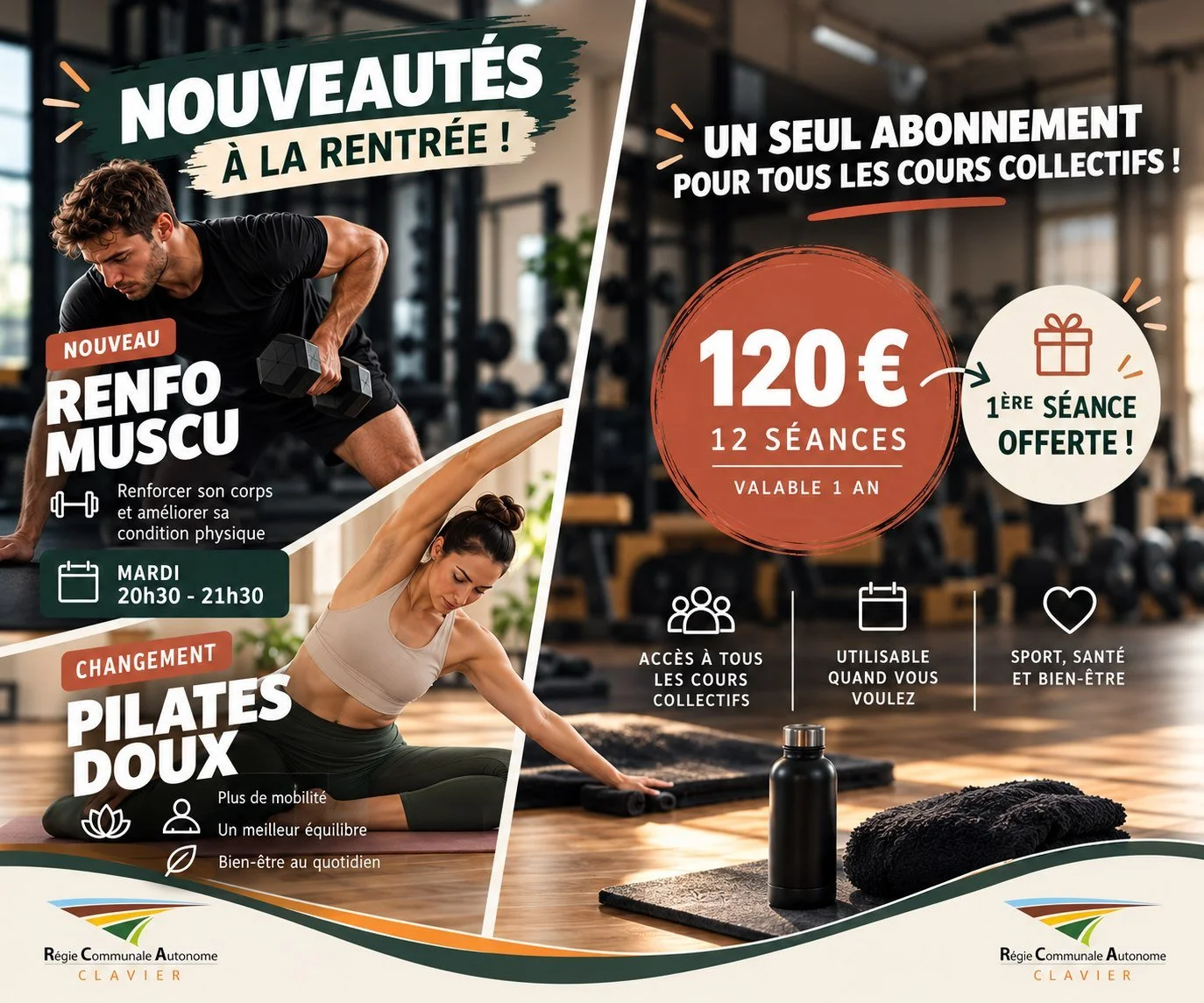 🏋️ NOUVEAUT&Eacute;S &Agrave; LA RENTR&Eacute;E AU HALL OMNISPORTS DE CLAVIER !
De la nouveaut&eacute; dans nos cours collectifs pour cette rentr&eacute;e !
💪 NOUVEAU : RENFO MUSCU
Envie de vous renforcer, d'am&eacute;liorer votre condition physiqu