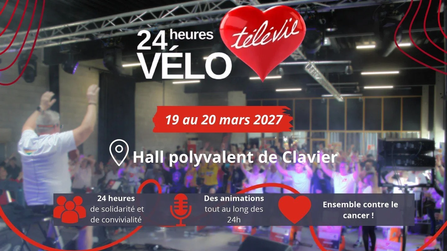 🚴&zwj;♂️✨ Participez &agrave; la 2e &eacute;dition des 24h V&eacute;lo T&eacute;l&eacute;vie ! Ensemble, p&eacute;dalons pour une belle cause les 19 et 20 mars 2027, au Hall Polyvalent de Clavier-Ouffet. Formez votre &eacute;quipe et engagez-vous &a