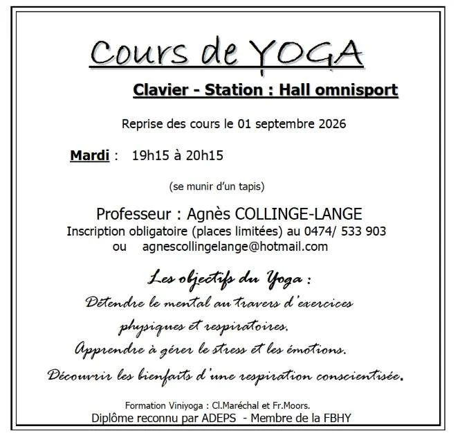 🏟️ LES CLUBS R&Eacute;SIDANTS DU HALL

🧘 INITIATION AU YOGA

Une heure pour bouger, respirer et prendre du temps pour soi. ✨

Les cours reprennent d&egrave;s le 1er septembre 2026 au Hall de Clavier.

👥 D&egrave;s 12 ans &ndash; sans limite d&rsqu