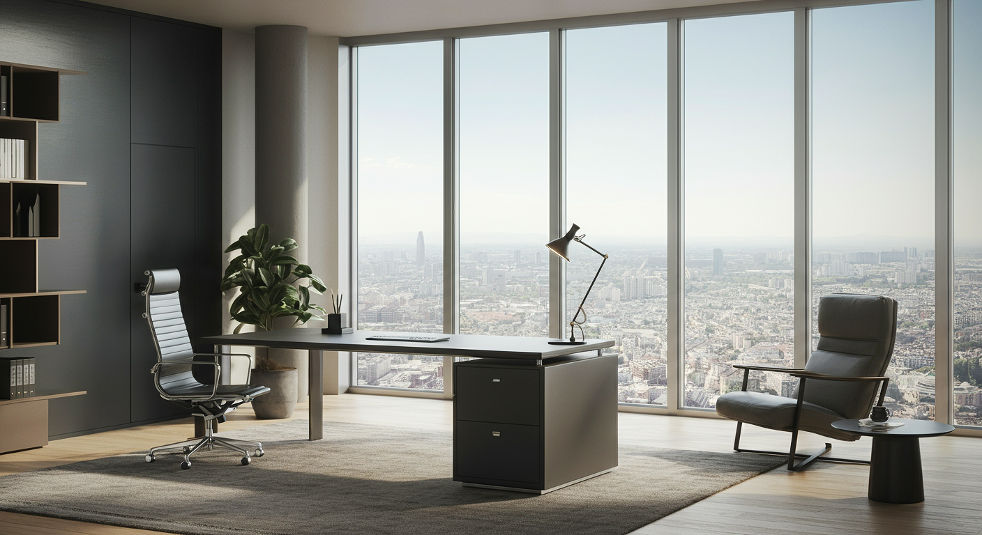 Modern office with a large window view of a city skyline, including a tall building in the distance, a white desk with a lamp, chair, and a small side table, a potted plant, bookshelf, and a gray rug.