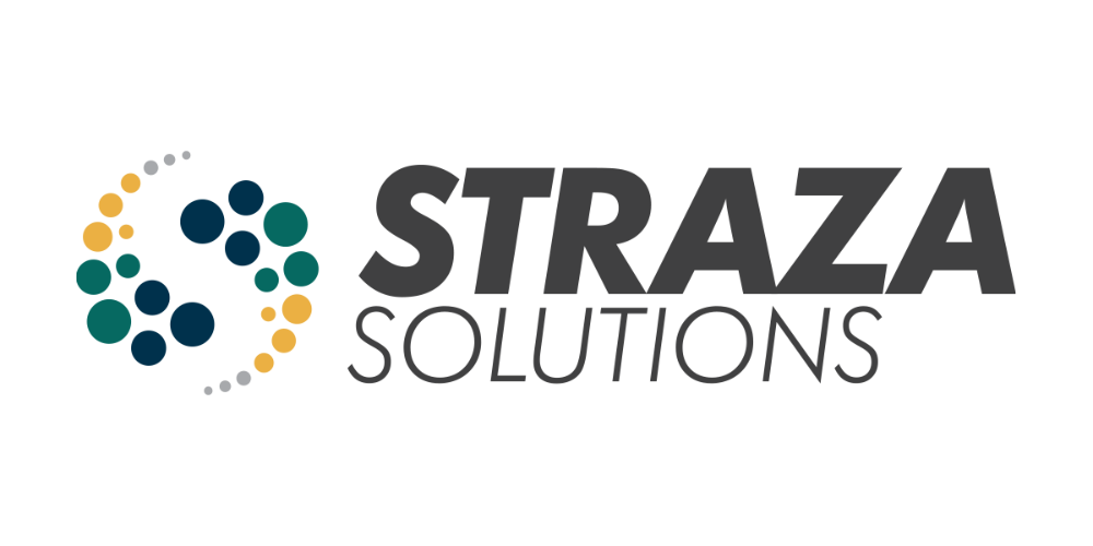 Logo of Straza Solutions with a circular graphic of multicolored dots and the company name in bold black letters