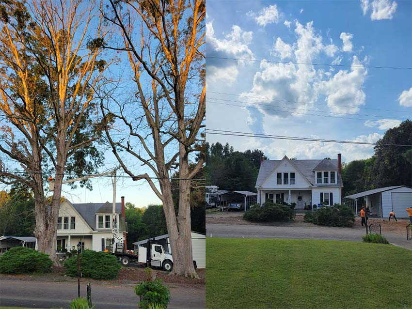 Side-by-side photographs of a residential street with a white house and large trees. The left image shows the house during sunset with trees casting shadows, while the right image depicts the same house with a bright blue sky and clouds, including construction workers in the yard.