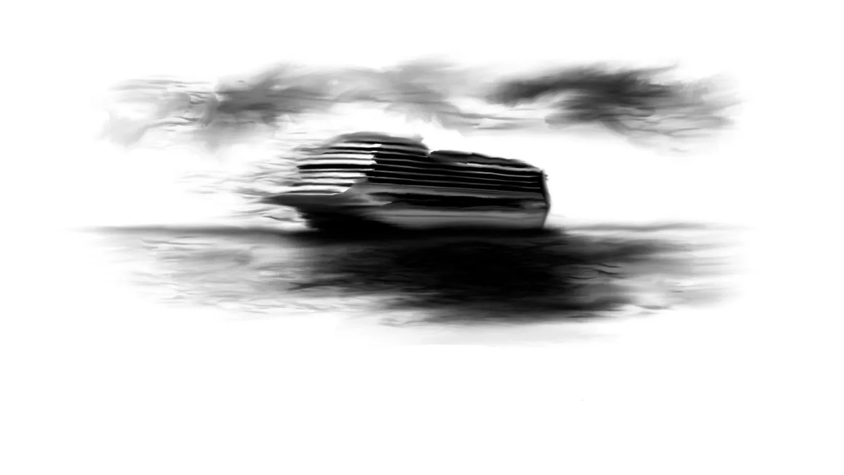 Blurred black and white photo of a cruise ship moving through water with waves and clouds. Image by the Ivory Canvas.