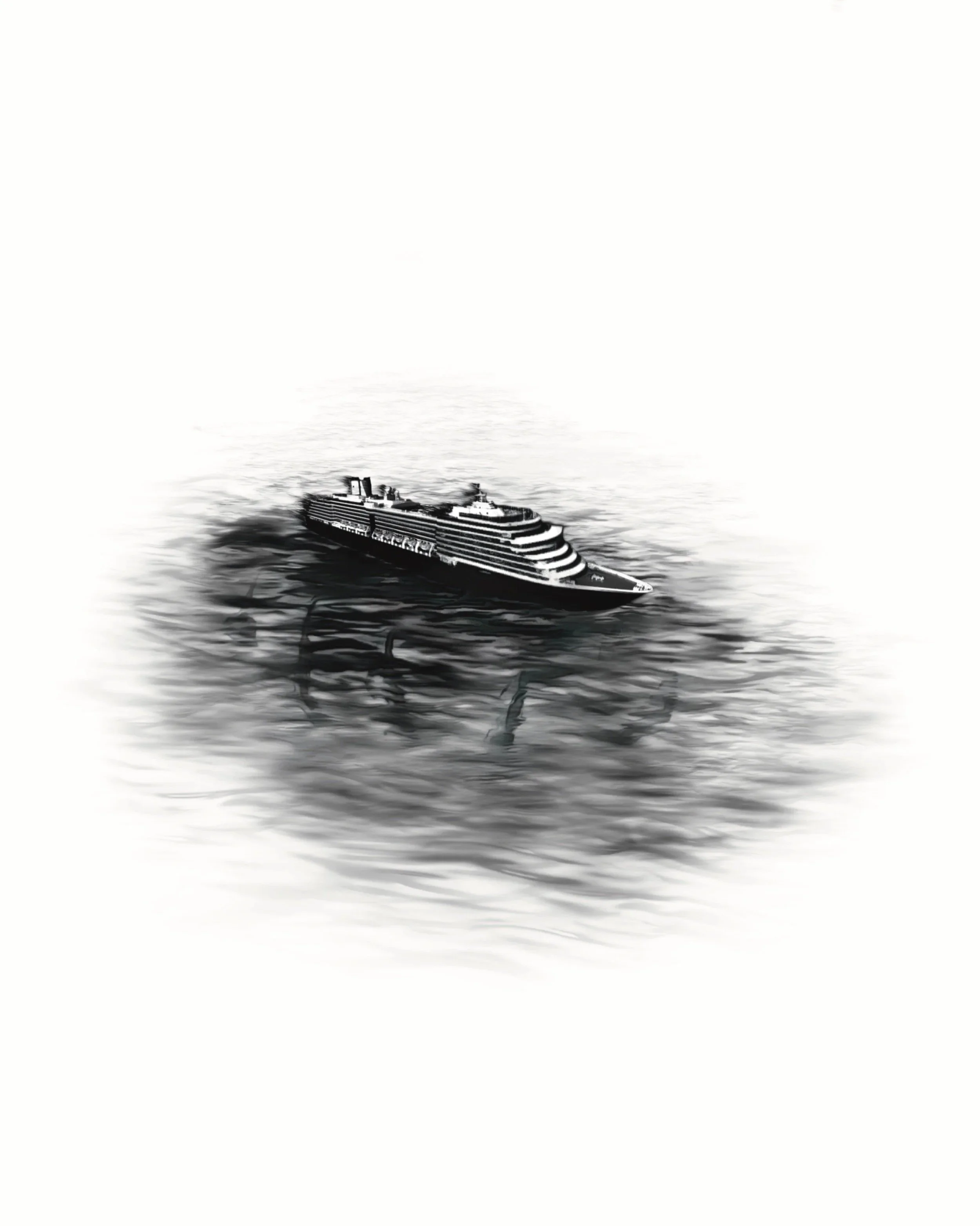 A black and white image of a cruise ship sailing on water with a reflection visible below.