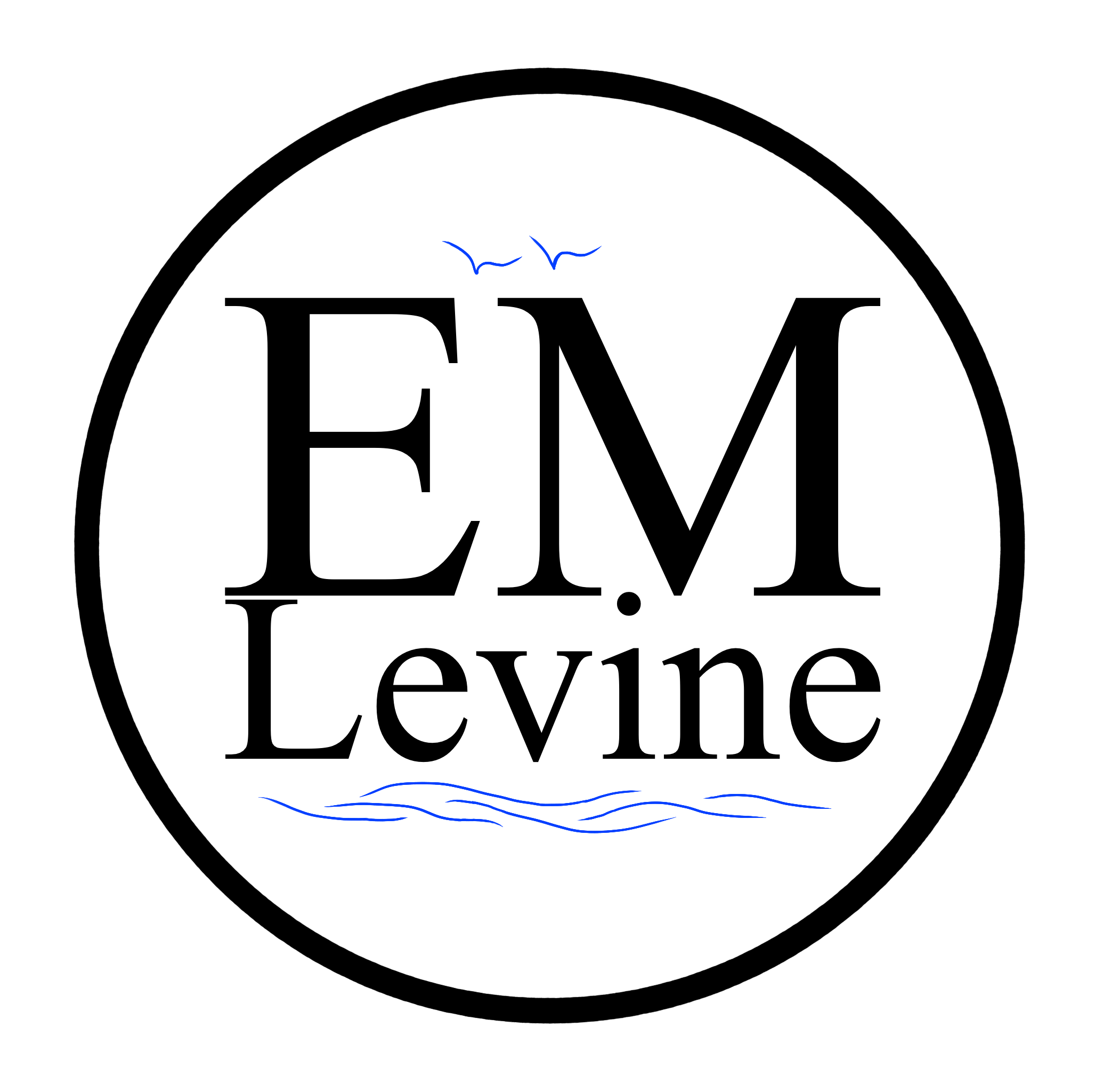 Circular logo for EM Levine with waves and seabirds.