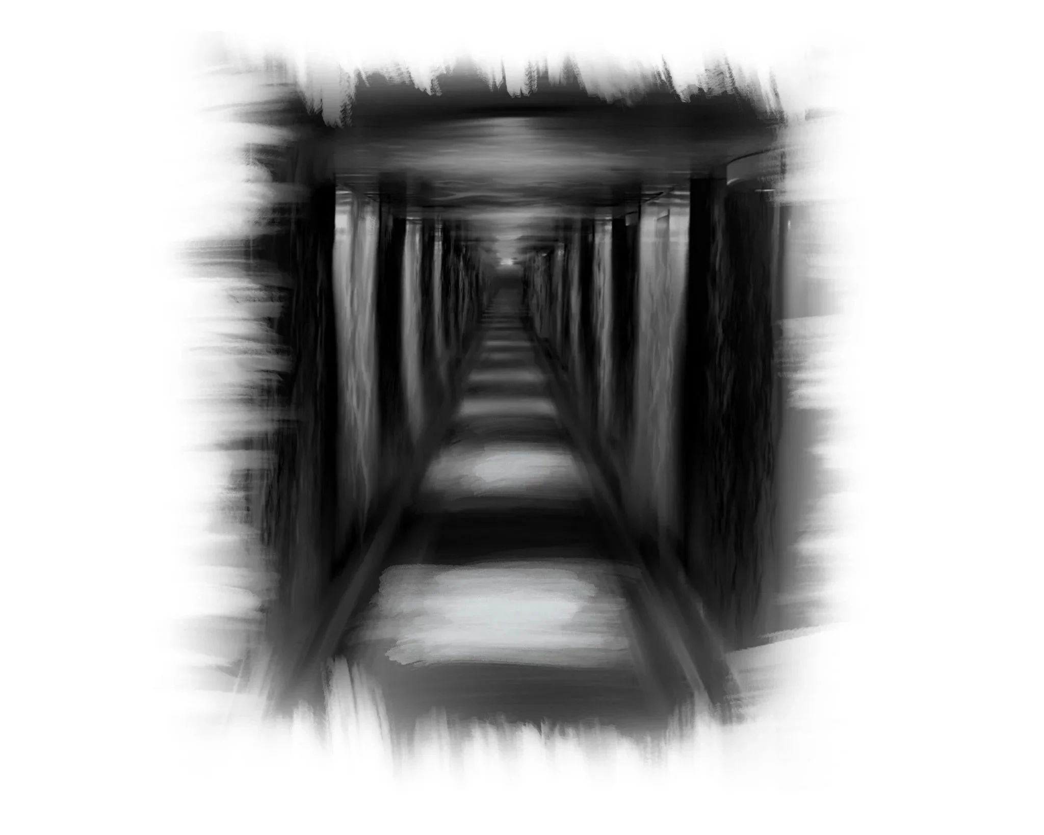 Blurred black-and-white image of a narrow underground tunnel or corridor with pillars or supports on either side.