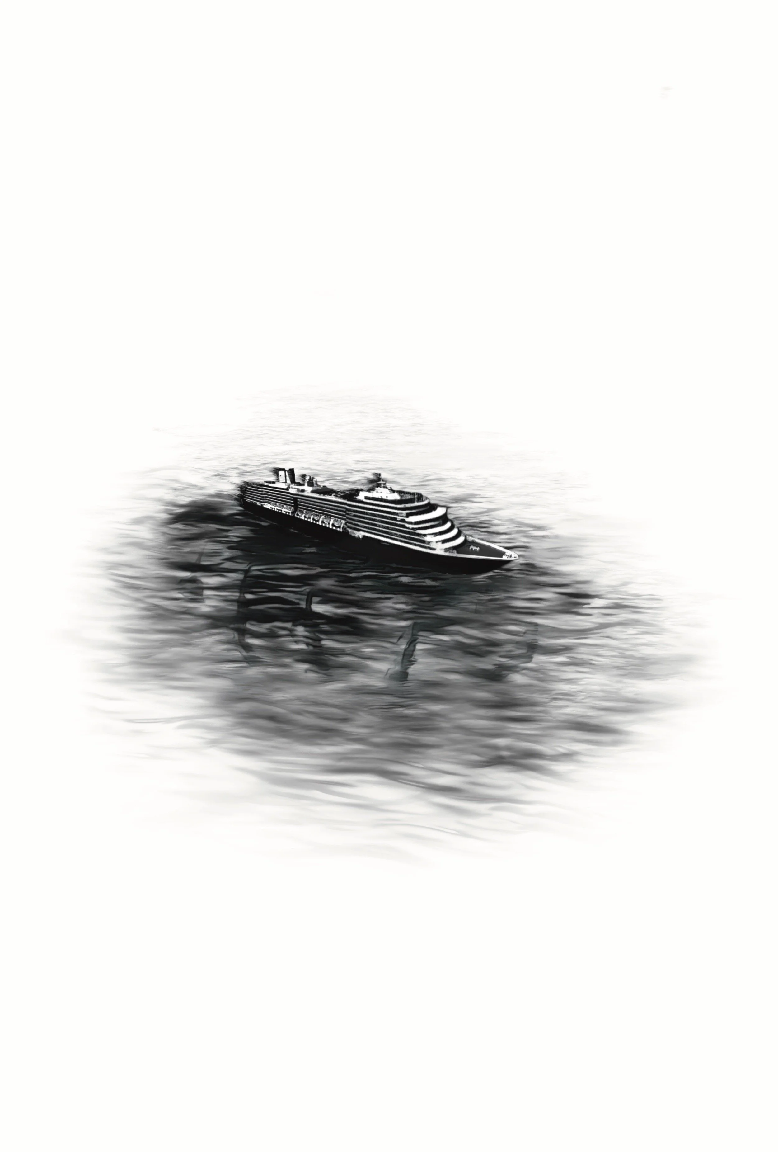 A black and white digital illustration of a large cruise ship caught in dark waters. Image by the Ivory Canvas.