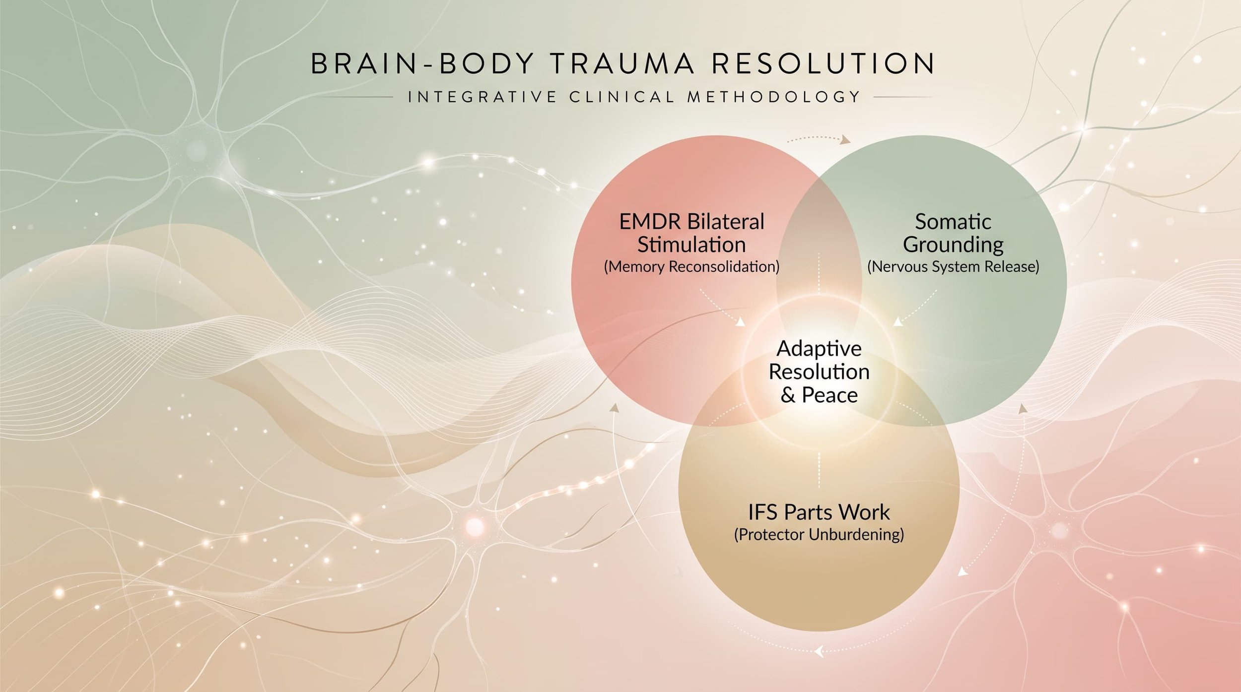 Diagram showing Stefany Pedroza's integrative trauma therapy approach combining EMDR bilateral stimulation, somatic body scanning, and Internal Family Systems parts work.