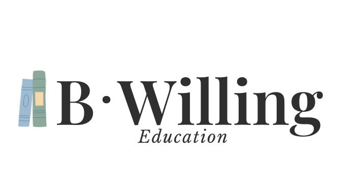 Logo with a stack of books next to the text 'B Willing Education' with 'B' in large font and the rest in smaller font.