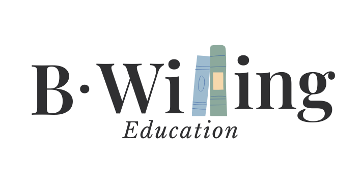 Logo for B-Wing Education featuring three vertical books in light blue, blue, and green colors.