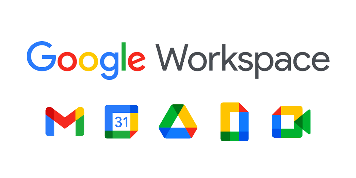 Google Workspace logo above Gmail, Google Calendar, and Google Meet icons.