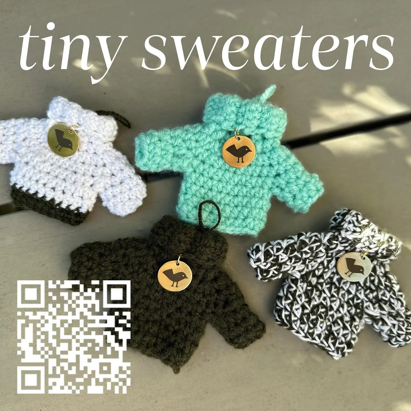 Hand-crocheted mini sweaters &mdash; each one unique, made to order, and finished with a tiny brass logo charm.
Perfect for keychains, gifts, or as a cozy token to keep close.
Lovingly made by Alea. Thank you for supporting handmade craft.