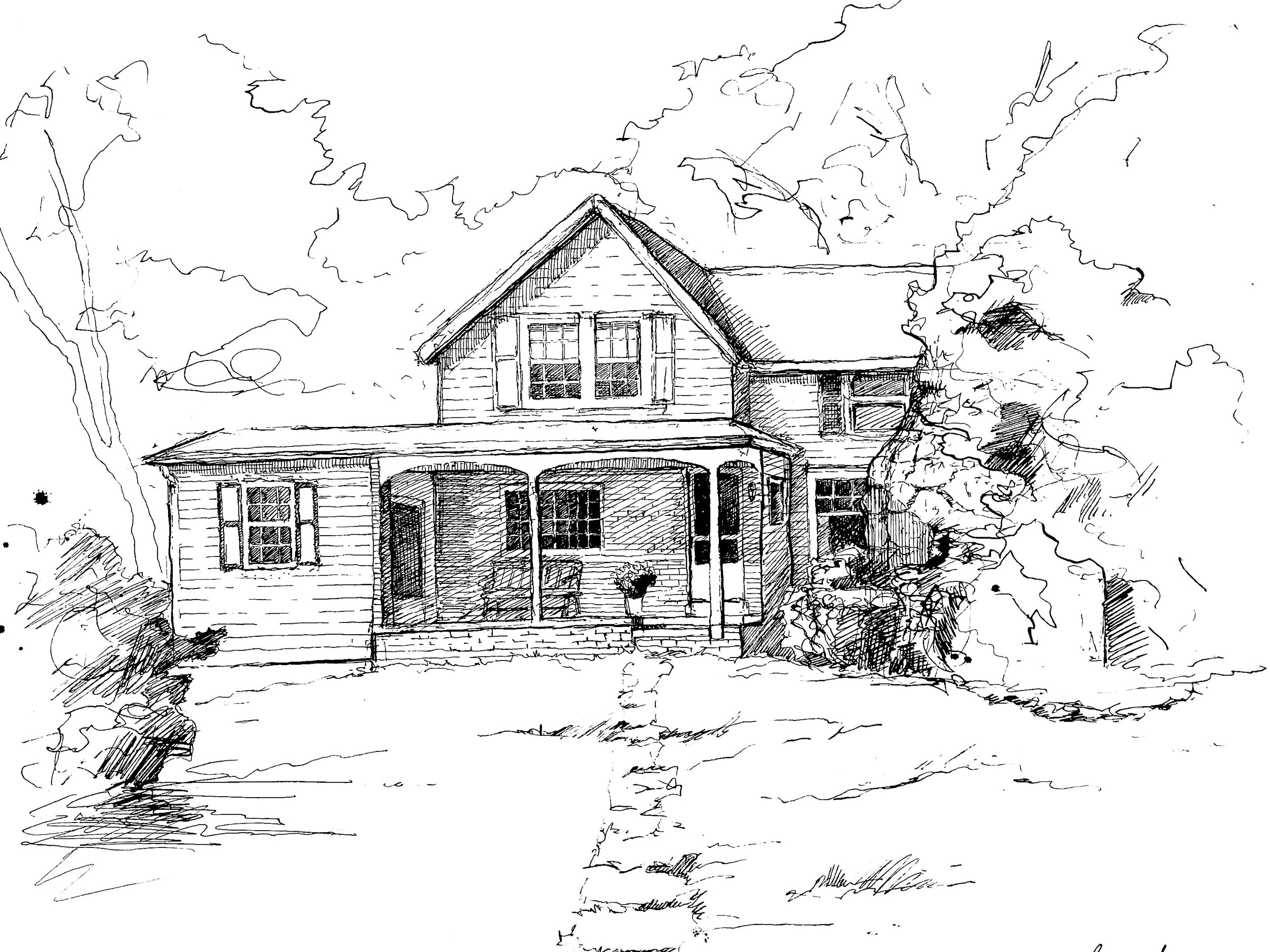 Line drawing of a two-story house with a front porch, surrounded by trees and bushes, with paths leading to the house.