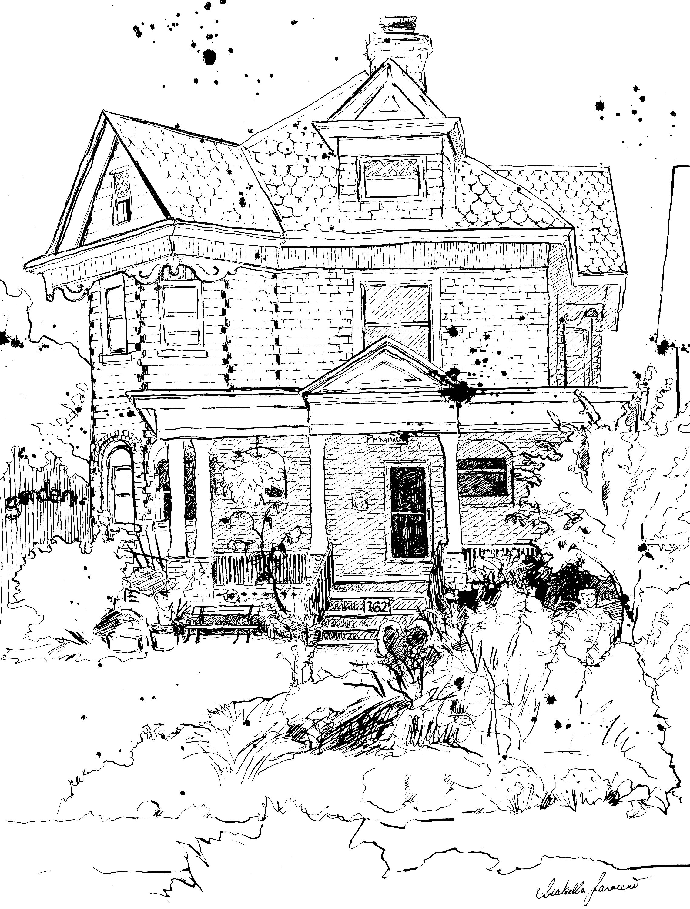 A black and white sketch of a large, Victorian-style house with a front porch, gabled roof, and multiple stories, surrounded by bushes and trees.